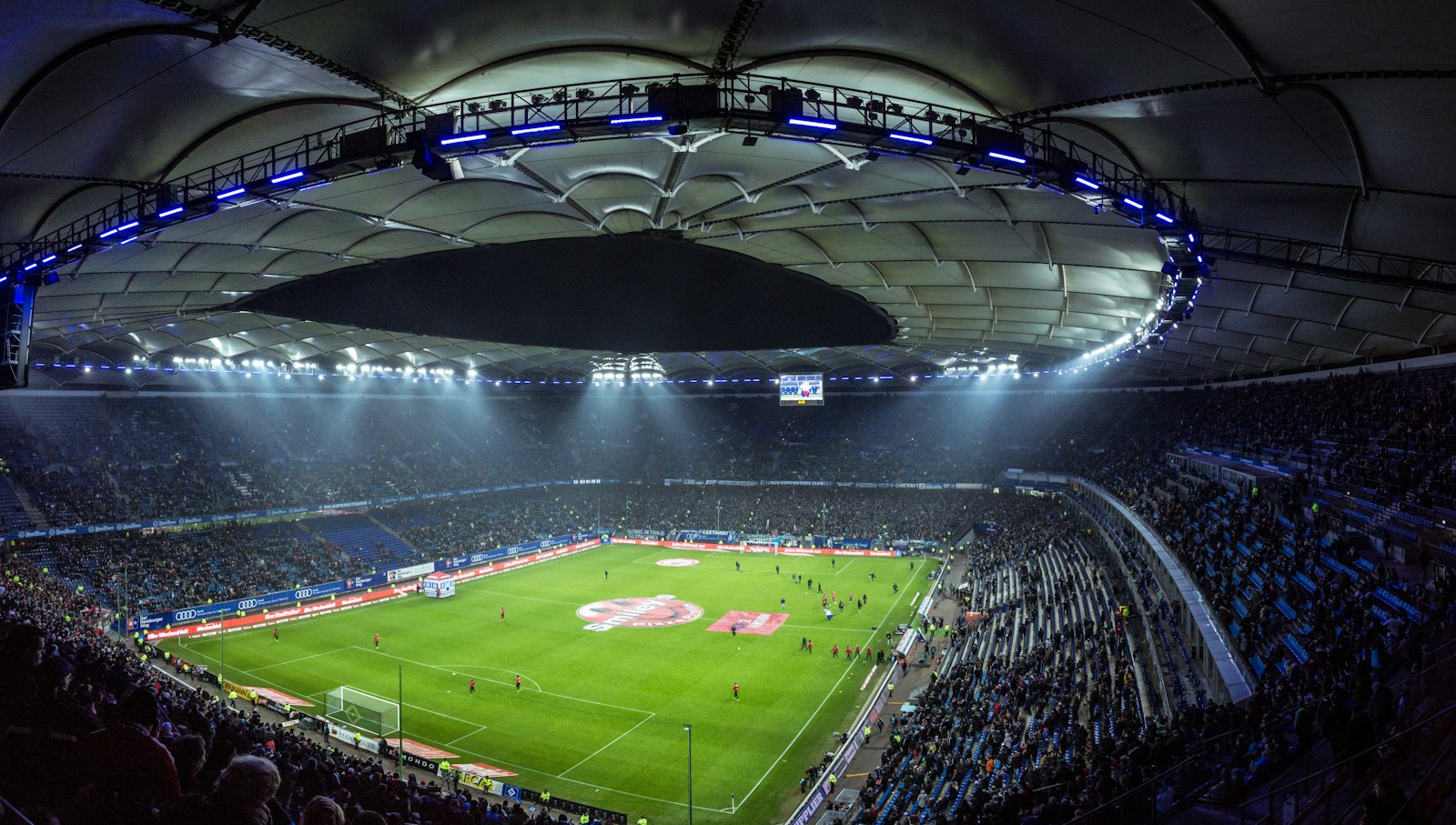Aerial view of a soccer pitch ready for kickoff